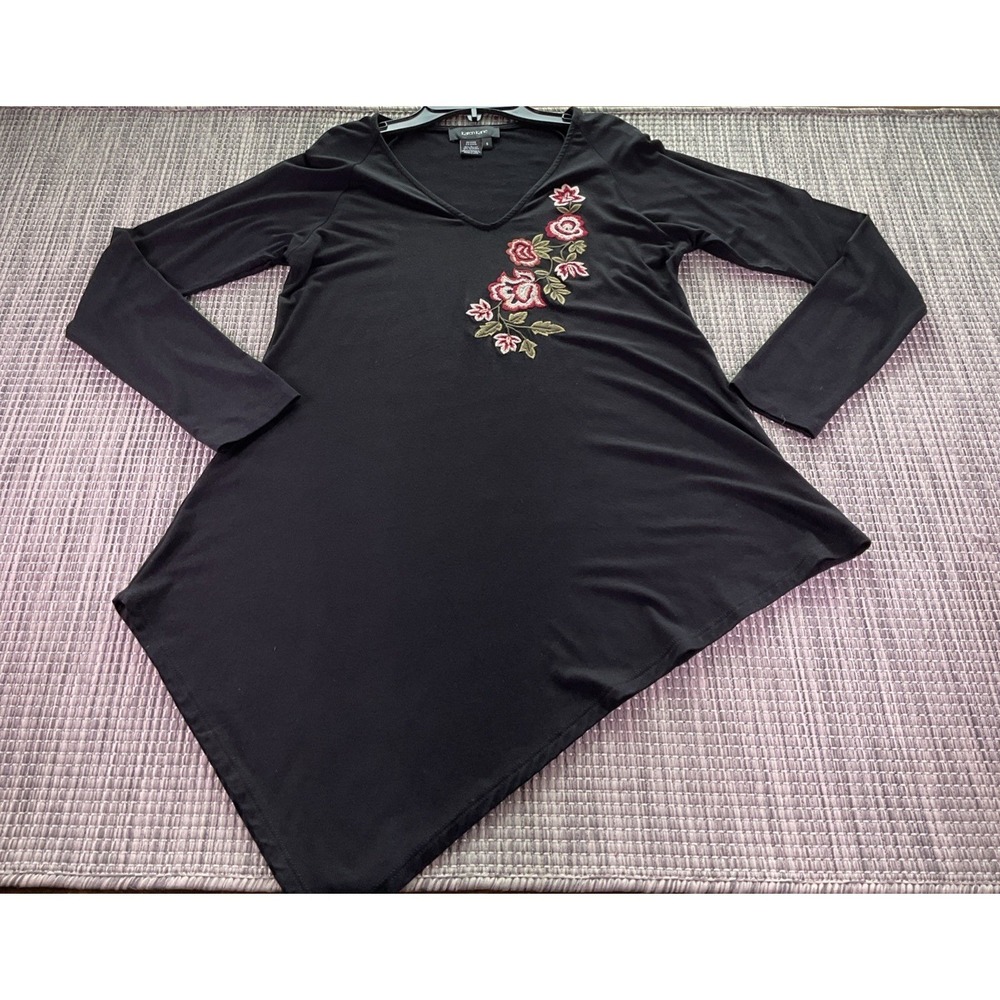 Karen Kane Small Womens Black V Neck Floral Applique Asymmetric Tunic Top
